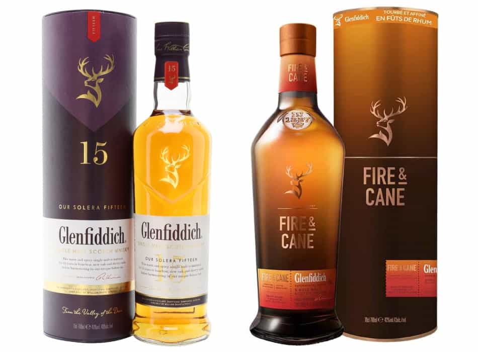2 bottles of Glenfiddich - the 15 and Fire & Cane