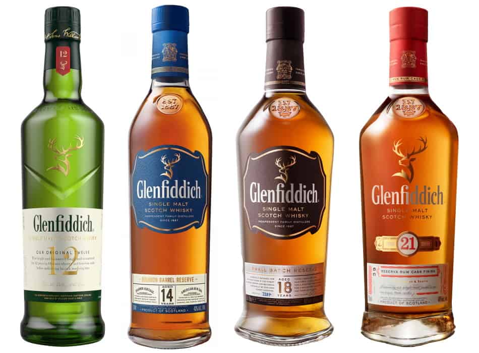 4 bottles of Glenfiddich - the 12, 14, 18 & 21