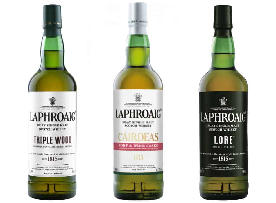 3 bottles of Laphroaig - the Triple Wood, the Càirdeas Port & Wine & the Lore