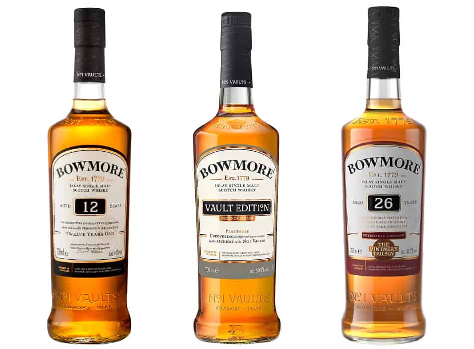 3 bottles of Bowmore - the 12, the Vault Edition 2nd Release & the Vintner's Trilogy 26