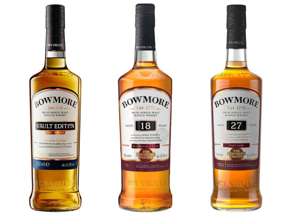 3 bottles of Bowmore - the Vault Edition Atlantic Sea Salt, the Vintner's Trilogy 18 & the Vintner's Trilogy 27