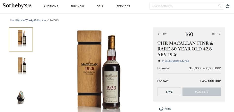 Screenshot of The Macallan Fine & Rare 60 on Sotheby’s.com sold for £1.4