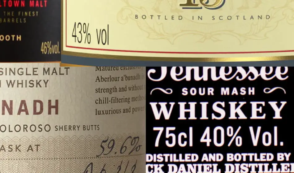 The alcohol content part of four whiskey labels