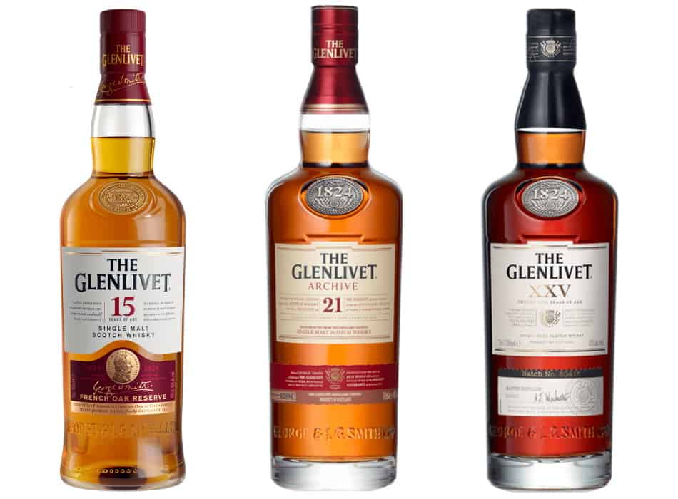 3 bottles of Glenlivet – the 15 French Oak Reserve, the 21 Archive & the XXV