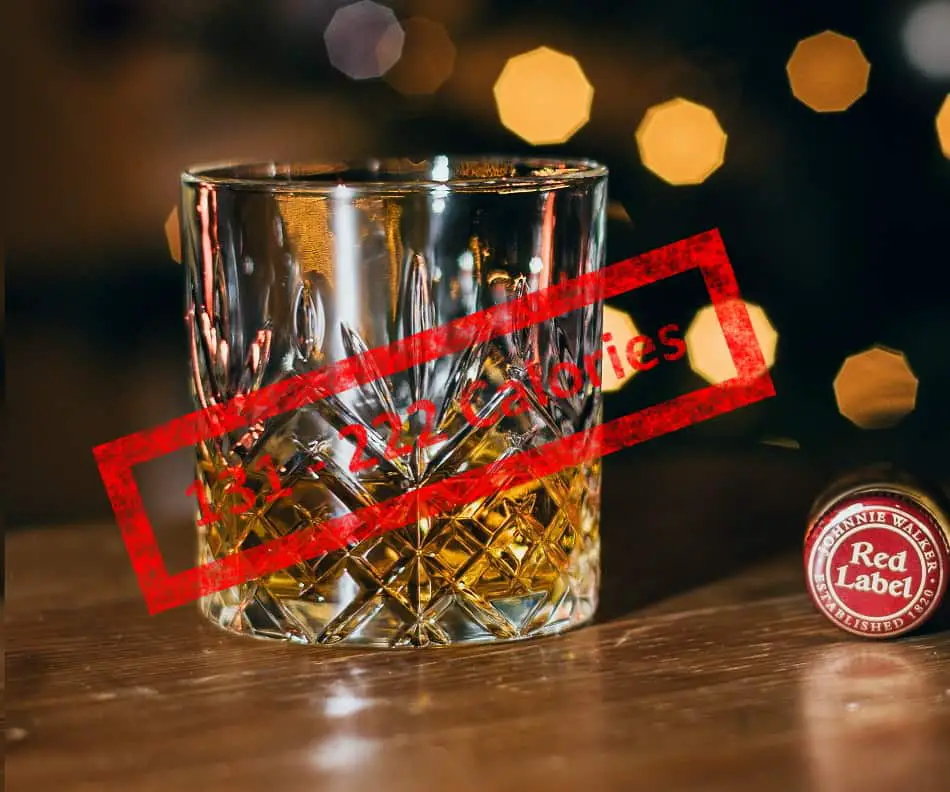 A glass of whiskey with a stamp showing its number of calories