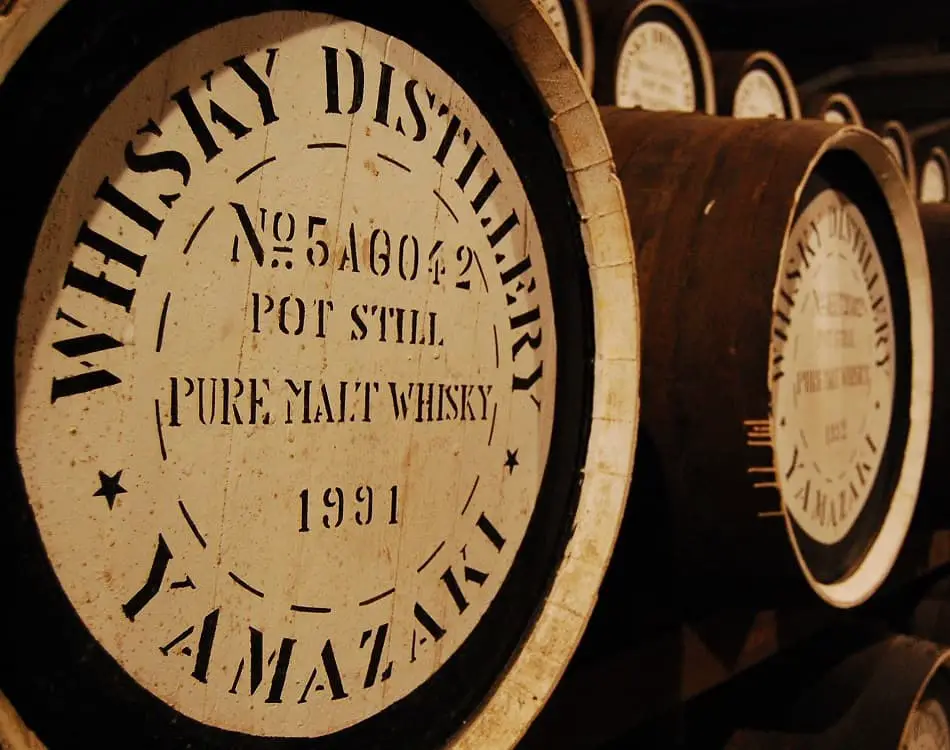 Close-up view of barrels of whiskey