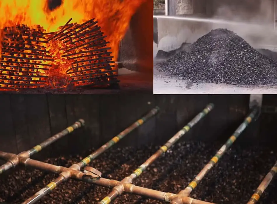 Pallets of sugar maple on fire, the charcoal being cooled and the top of the ten-foot charcoal filtering tank