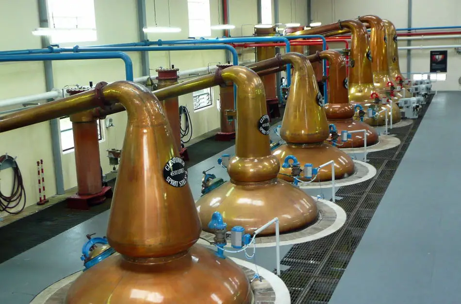 7 copper pot stills in a distillery