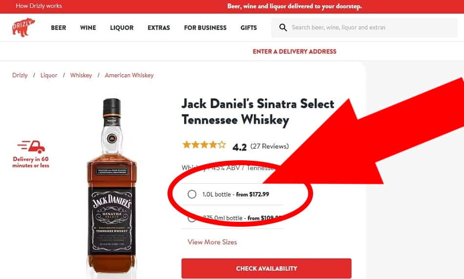 A screenshot of Jack Daniel’s Sinatra Select with the high price emphasized