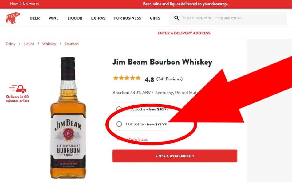 A screenshot of Jim Beam White Label with the low price emphasized