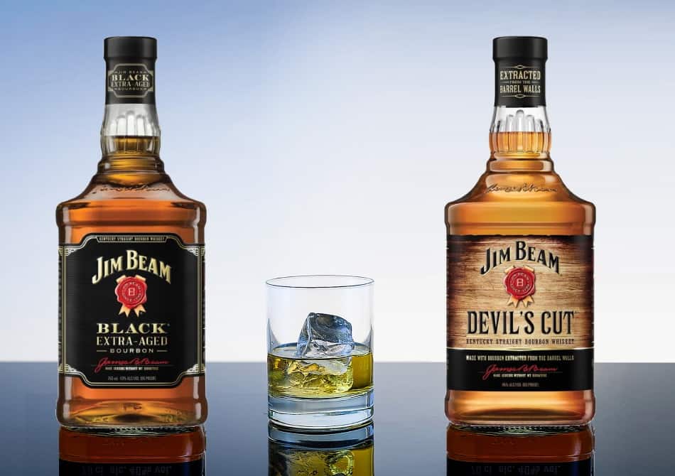 Jim Beam Black Extra-Aged, Jim Beam Devil’s Cut and a glass of whiskey