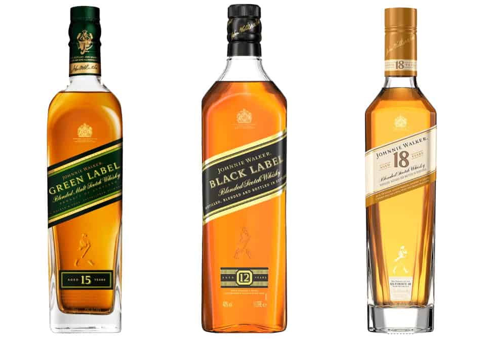 3 bottles of Johnnie Walker - Black Label, Green Label & the 18