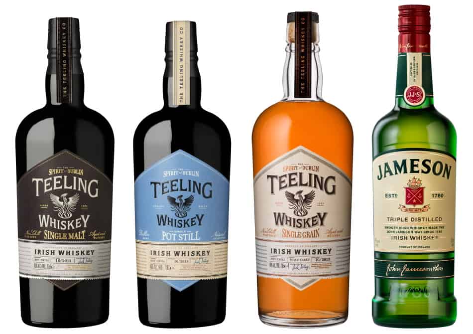 A bottle of each of the 4 types of Irish whiskey