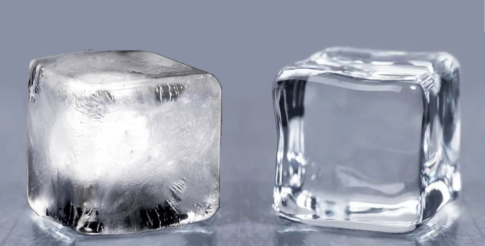 A cloudy ice cube and a clear ice cube