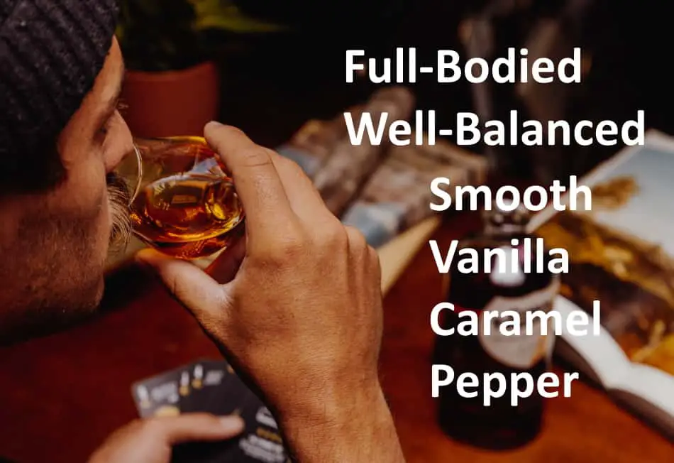 A man drinking whiskey with words describing different aspects