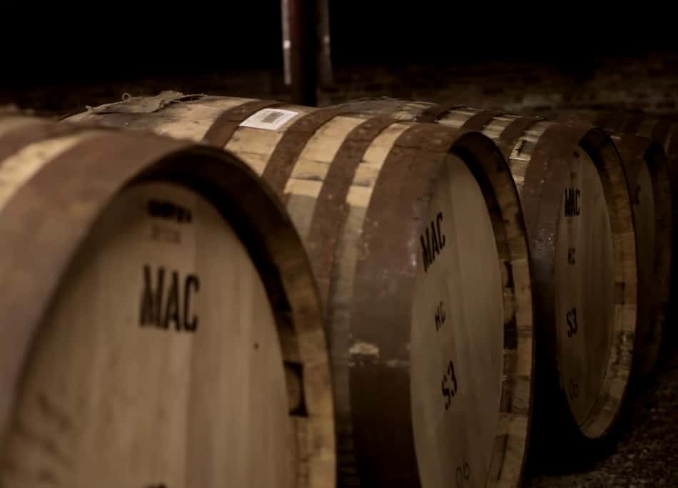 Close up of a row of Macallan barrels in their warehouse