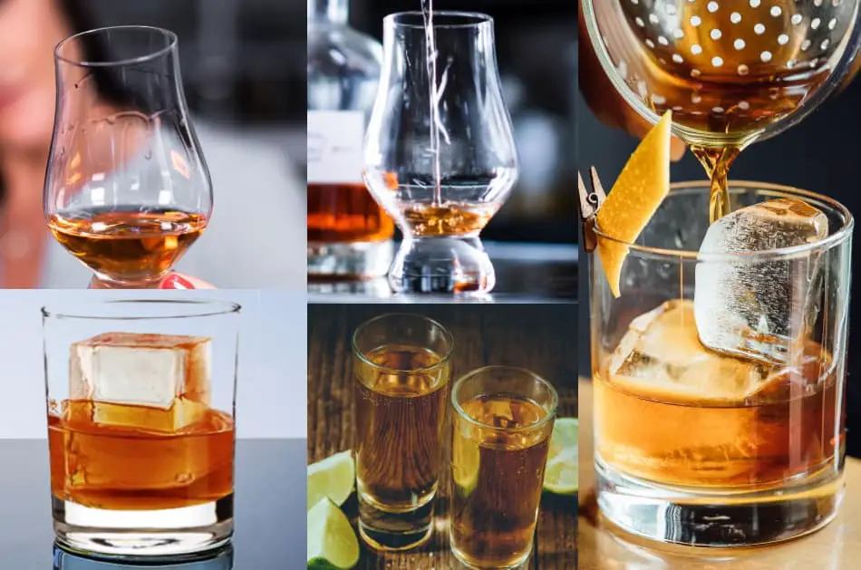 Five whiskey glasses being used for each of the ways to drink whiskey