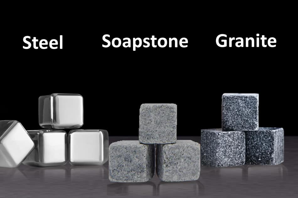 Steel, soapstone and granite whiskey stones