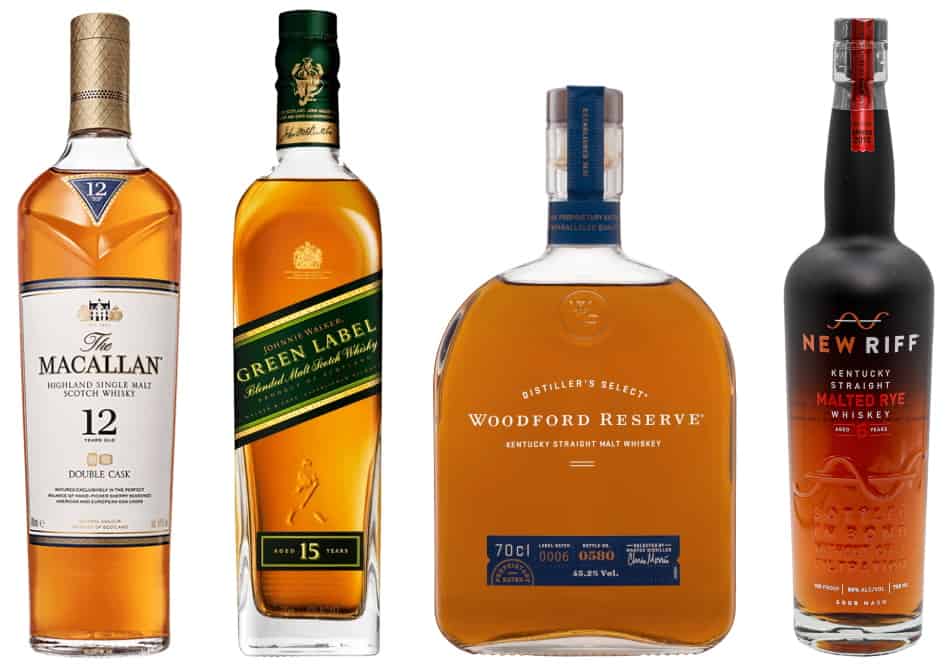 A bottle of each of the 4 types of malt whiskey