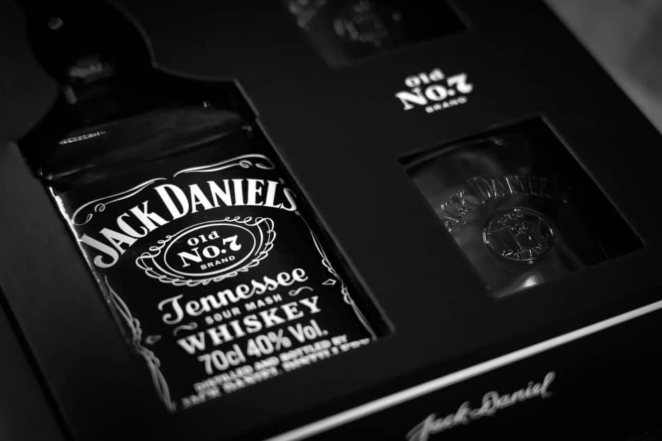 An unopened bottle of Jack Daniel’s whiskey packaged in a special box