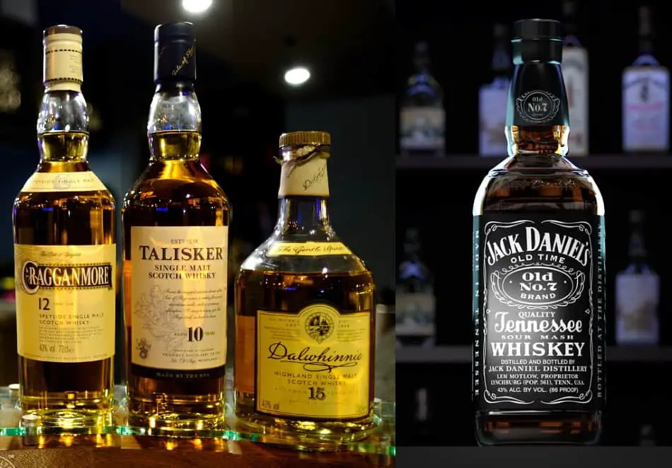 Jack Daniel’s and 3 bottles of single malt that have been aged for 10, 12 and 15 years