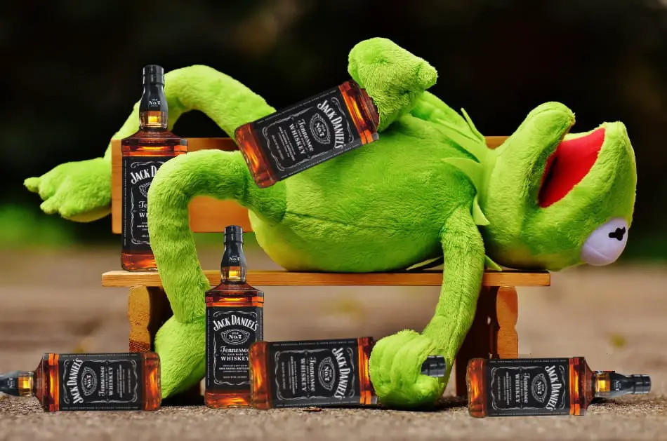 Kermit the frog in a drunken pose with several bottles of Jack Daniel’s
