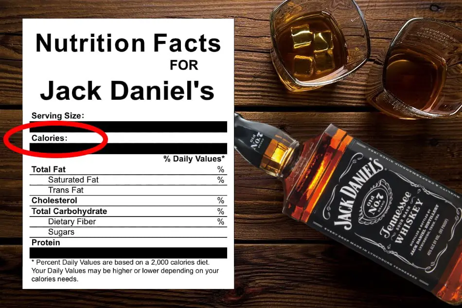A bottle and 2 glasses of Jack Daniel's next to a nutrition label with calories circled