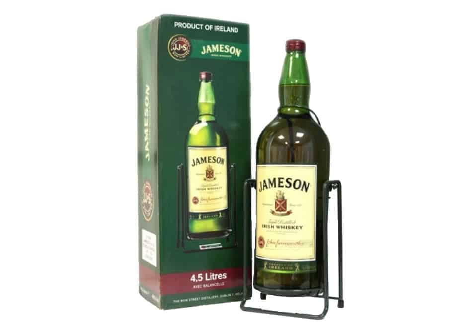 A 4.5L bottle of Jameson Irish Whiskey in a pouring cradle