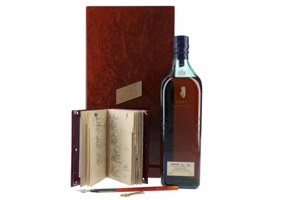 A bottle of Johnnie Walker 1805 Celebration Blend with box, replica nib pen and book of blending recipes