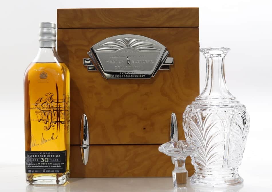 A bottle of Johnnie Walker Master Blenders 30 Year Whisky with Cabinet & Decanter