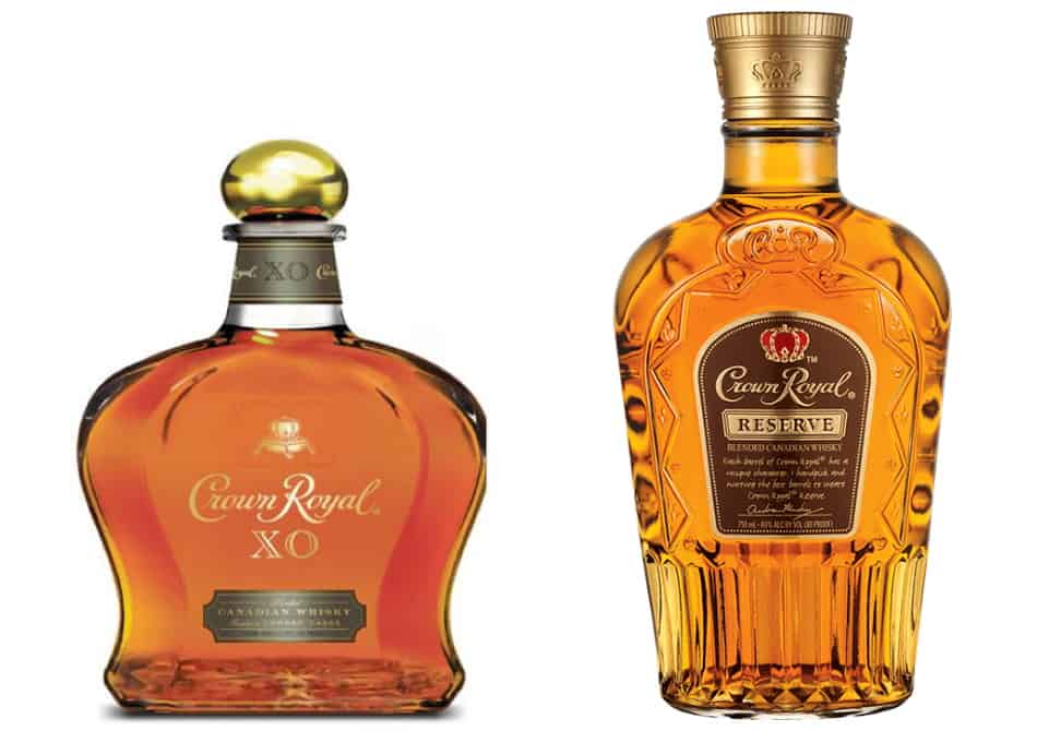 A bottle of Crown Royal XO and a bottle of Crown Royal Reserve