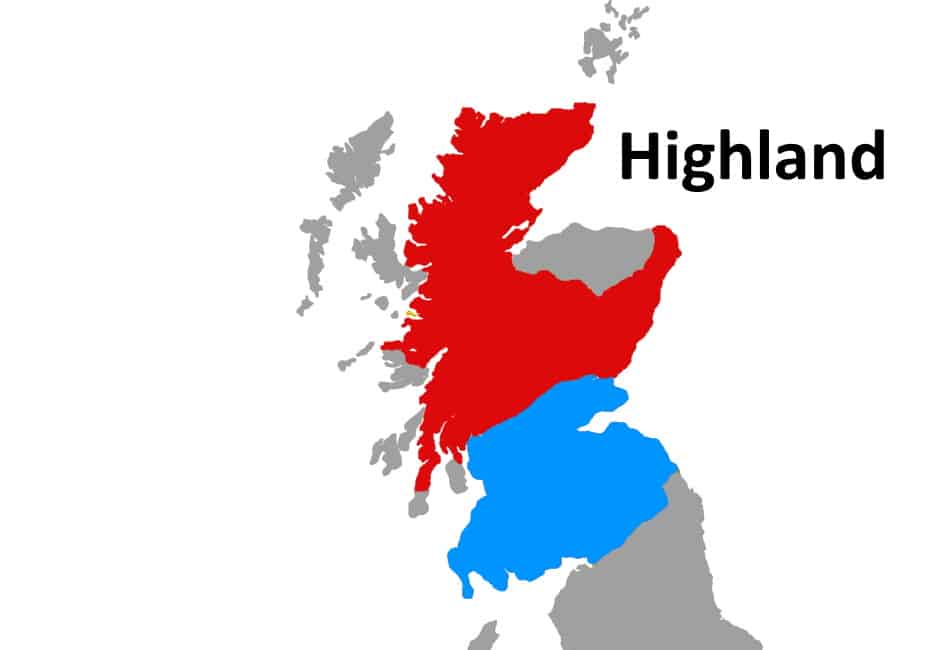 A map showing the Scotch whisky region of Highland