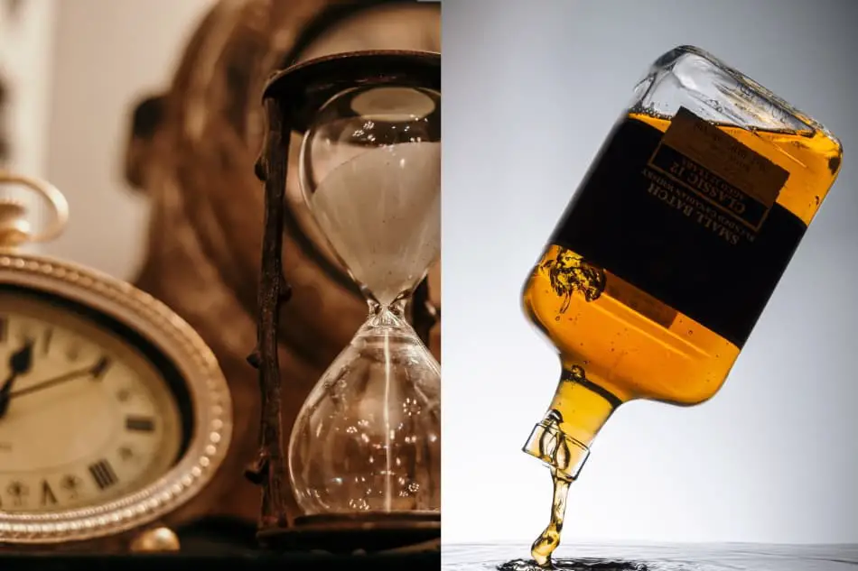 A clock, an hourglass and an unpturned bottle of whiskey spilling out