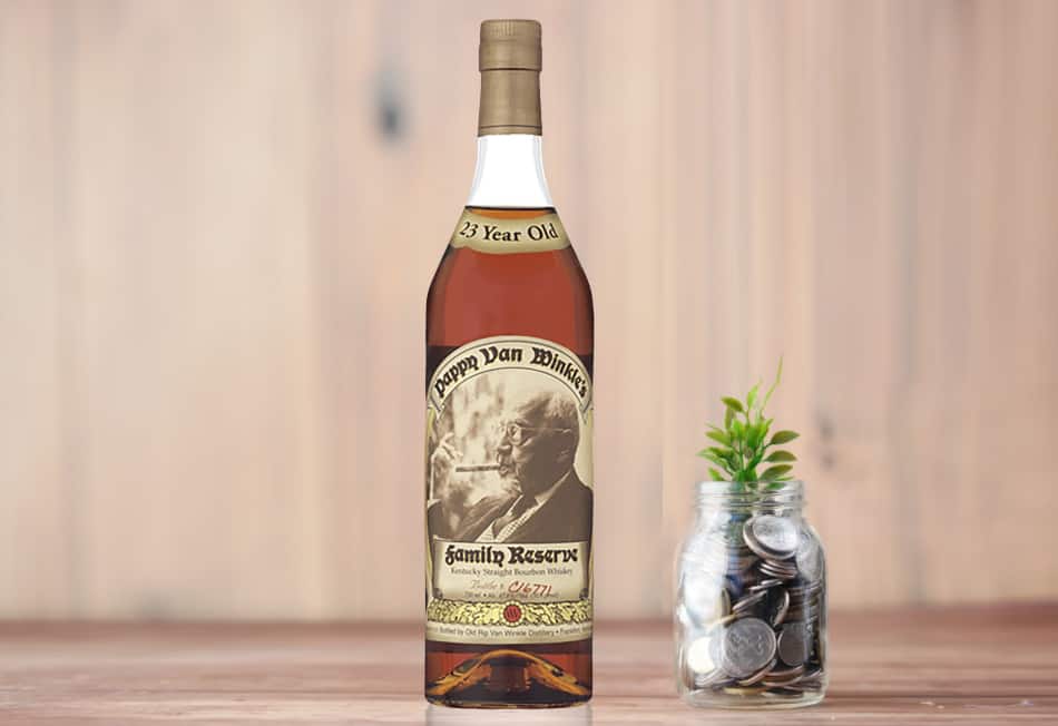 A bottle of bourbon next to a jar of coins