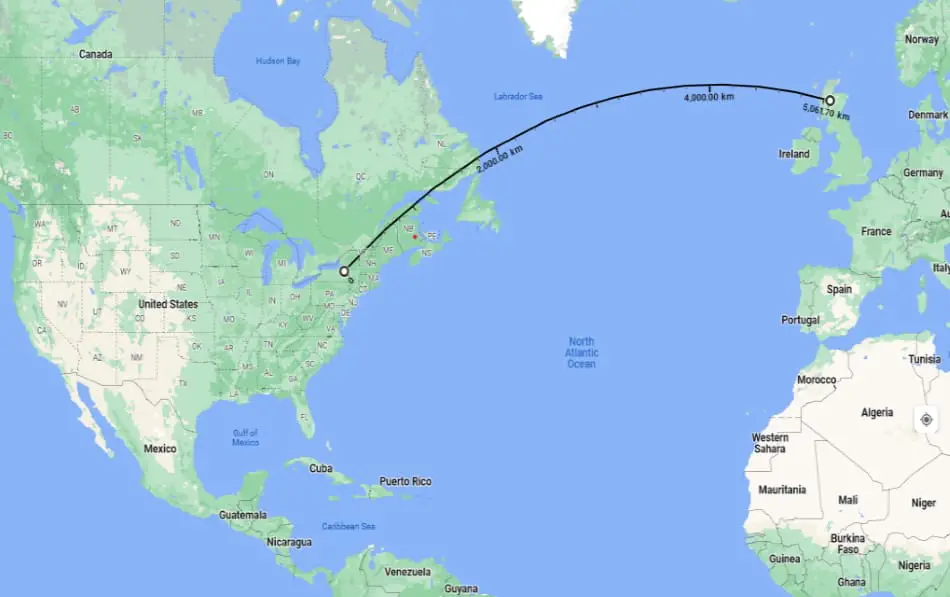 Map showing the distance between the United States and Scotland