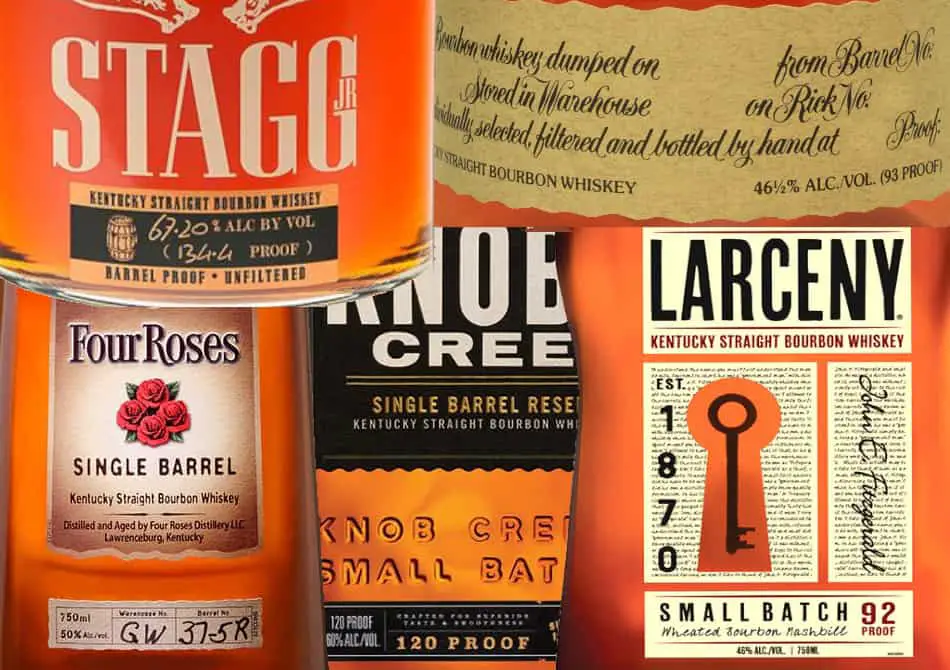 The alcohol content part of five bourbon labels