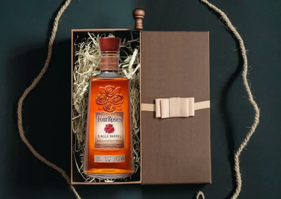 A bottle of bourbon in a gift box